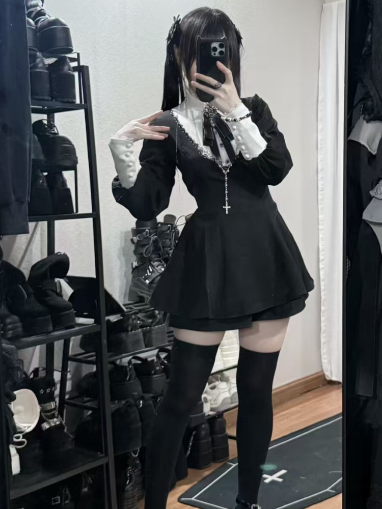 Vintage Fashion Retro Outfit - 2026 일본 고딕 빈티지 슬림 드레스