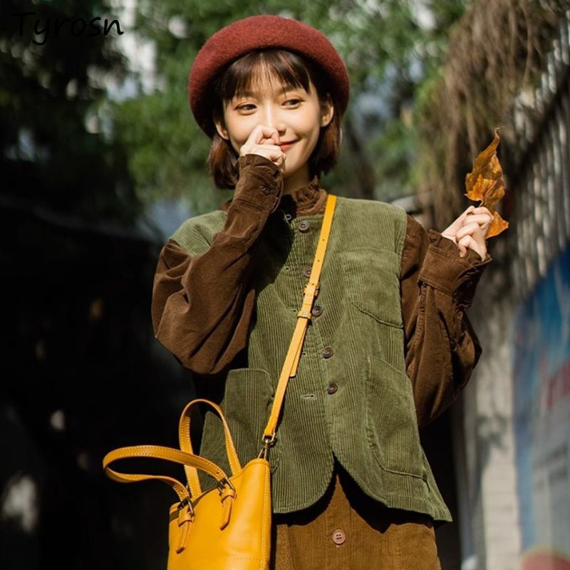 Retro Vintage Korean Fashion - 조끼 여성 코듀로이 레트로 빈티지 민소매