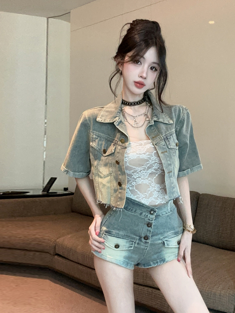 Vintage Fashion Retro Outfit - 레트로 섹시 레이스 바디수트 데님 빈티지