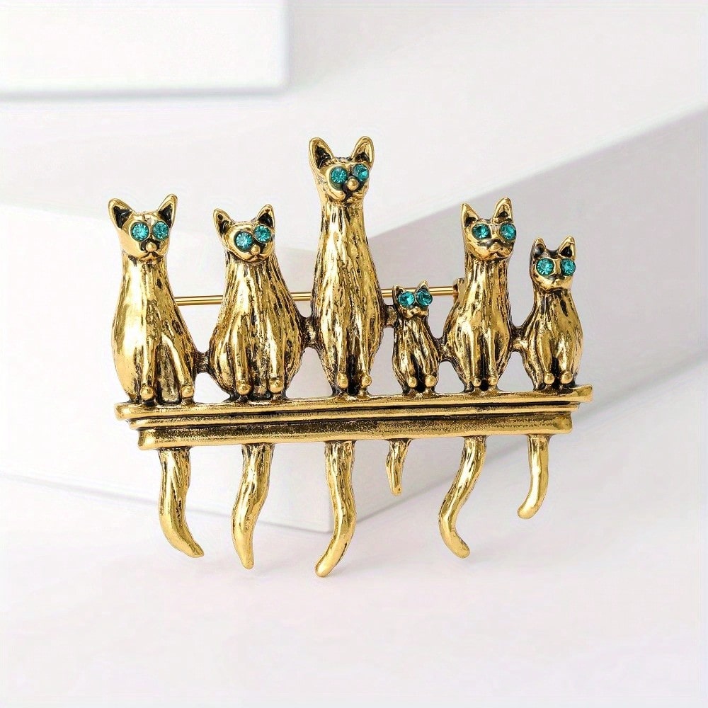 Vintage Fashion Enthusiasts - 빈티지 골드톤 고양이 가족 브로치 -