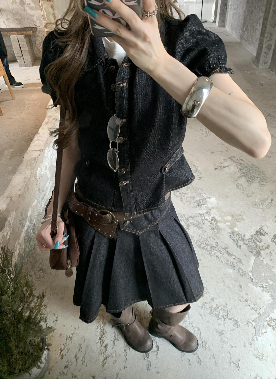 Vintage Fashion Outfit - 여성 아메리칸 빈티지 2피스 데님 세트
