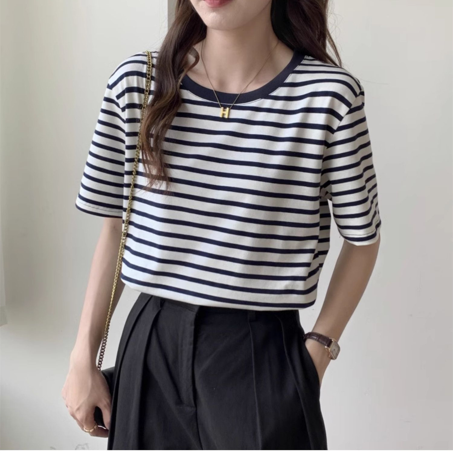 Retro Vintage Korean Fashion - 빈티지 스트라이프 티셔츠 여성 레트로 Y2K