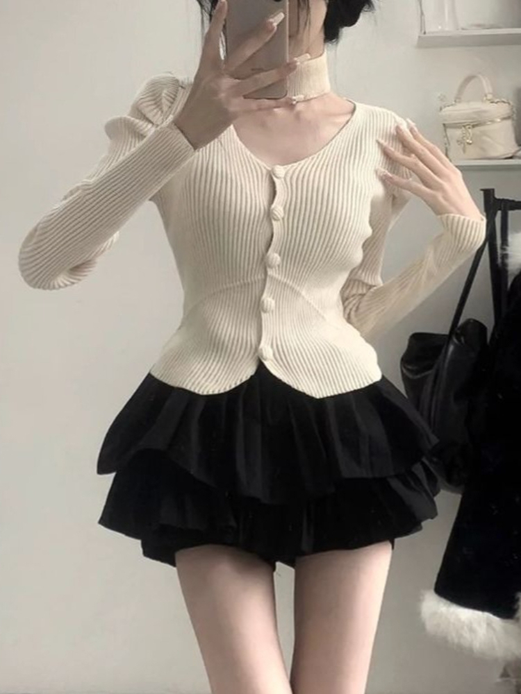 Vintage Fashion Retro Outfit - 한국 스타일 빈티지 투피스 세트 브이넥