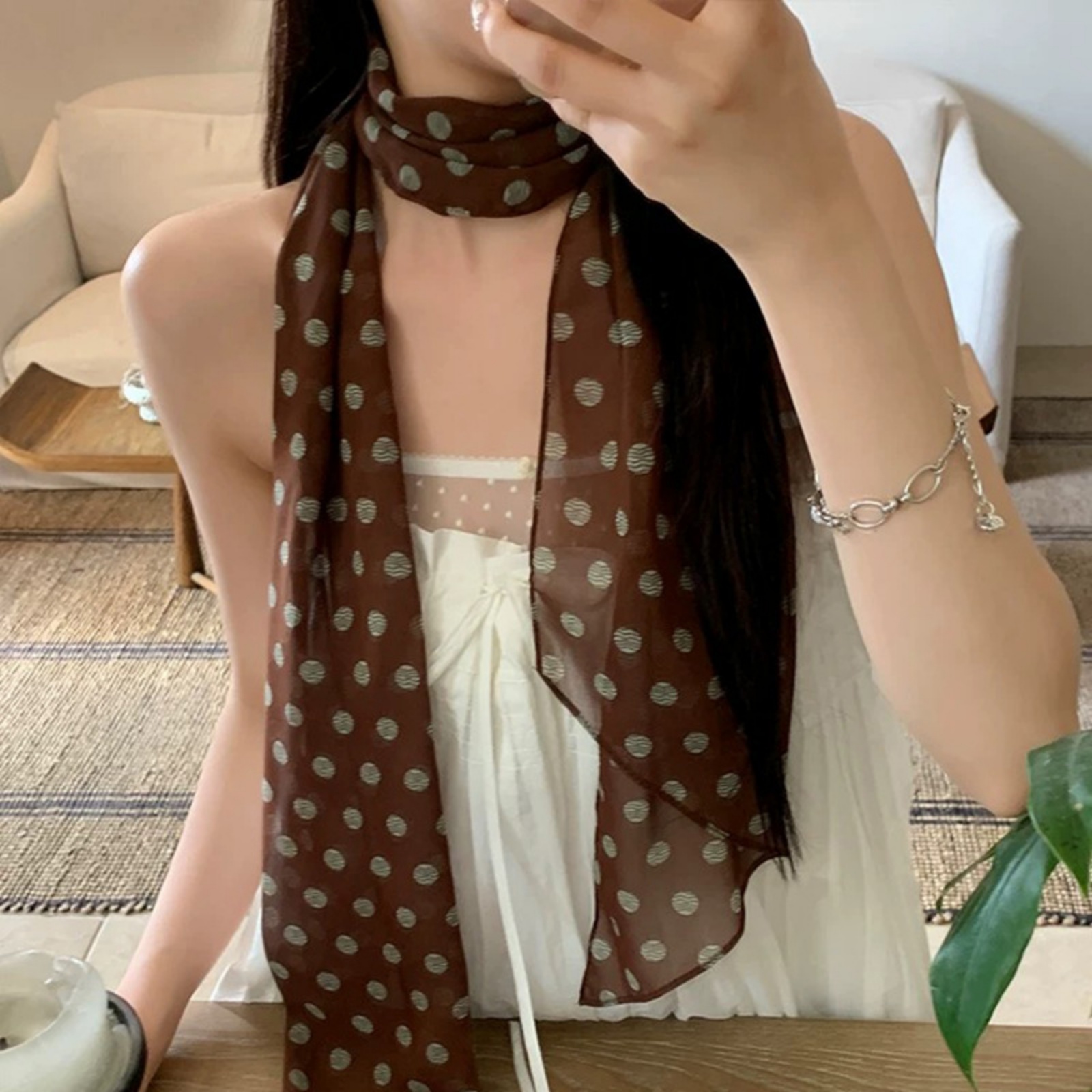 여성용 빈티지 폴카 도트 시폰 스카프 가볍고 얇은 넥  - Vintage Fashion Outfit 리뷰 및 가격